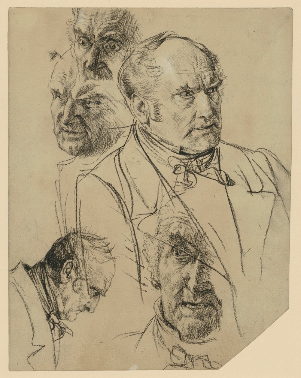 Bröstbild av en äldre man, vänd åt höger, fyra huvudstudier av Adolph Menzel