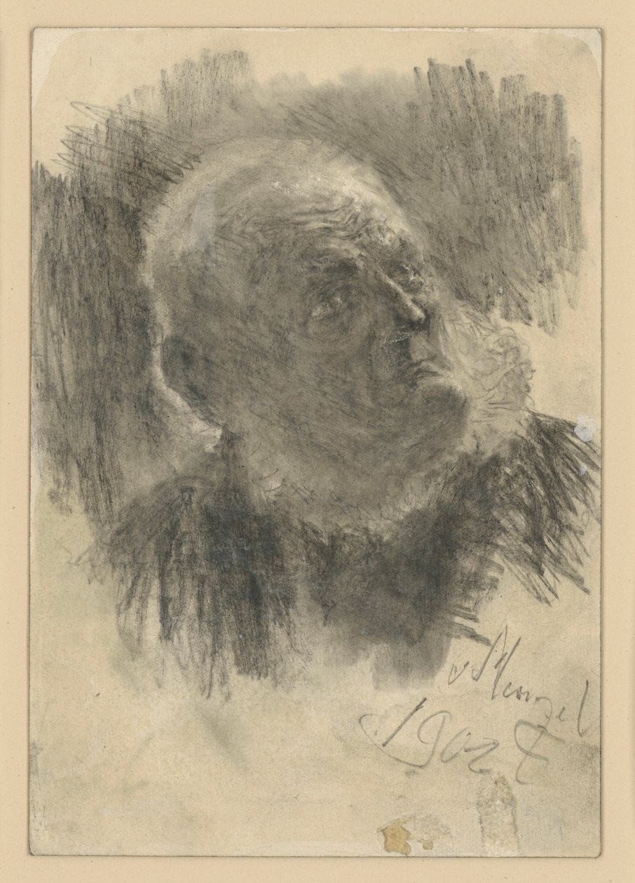 Bröstbild av en gammal man med murarkeps, som blickar uppåt åt höger av Adolph Menzel