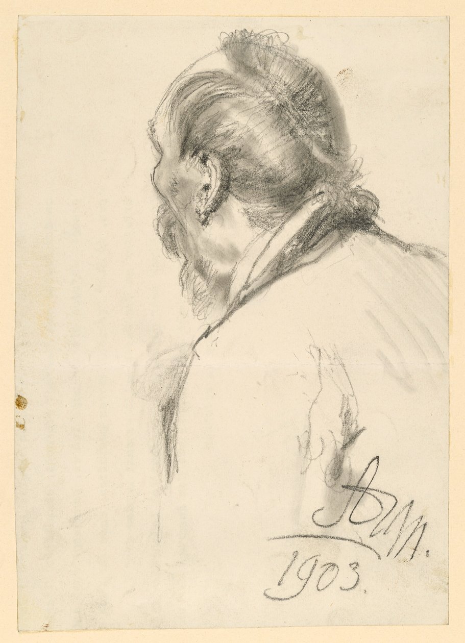 Bröstbild av en skäggig man åt vänster, halvt sedd bakifrån av Adolph Menzel