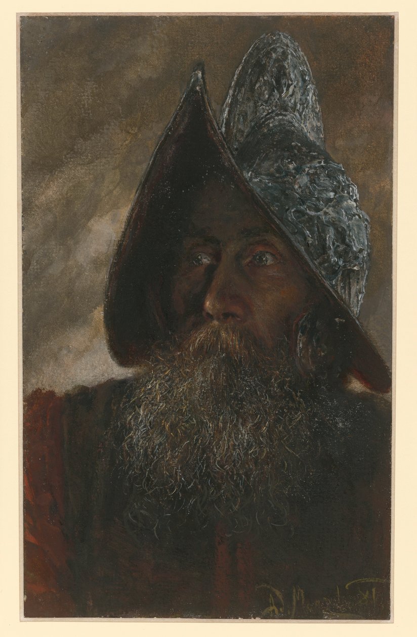 Bröstbild av en skäggig soldat med hjälm, något vänd åt vänster av Adolph Menzel