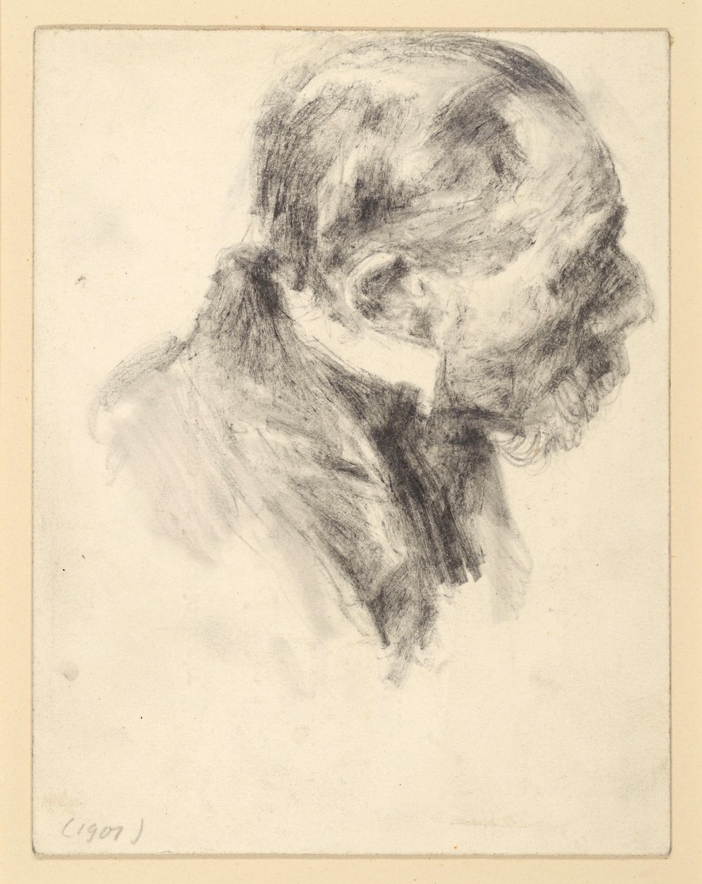 Bröstbild av en skäggig äldre man med ståkrage, framåtböjd, vänd åt höger av Adolph Menzel