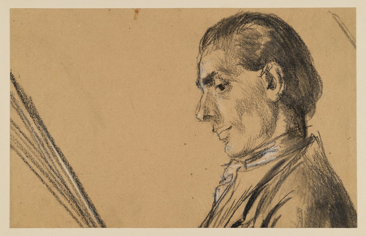Bröstbild av en ung man med nedåtriktad blick. Profil mot vänster. Förstudie till målningen ”Fredrik den stores flöjtkonsert i Sanssouci” av Adolph Menzel