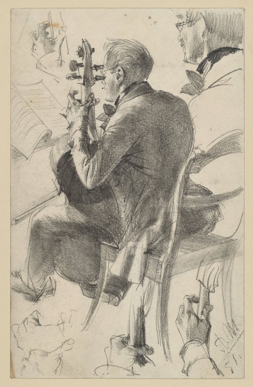 Cellist åt vänster, sedd halvt bakifrån. Huvud- och handstudier. Förstudie till målningen "Fredrik den stores flöjtkonsert i Sanssouci" av Adolph Menzel