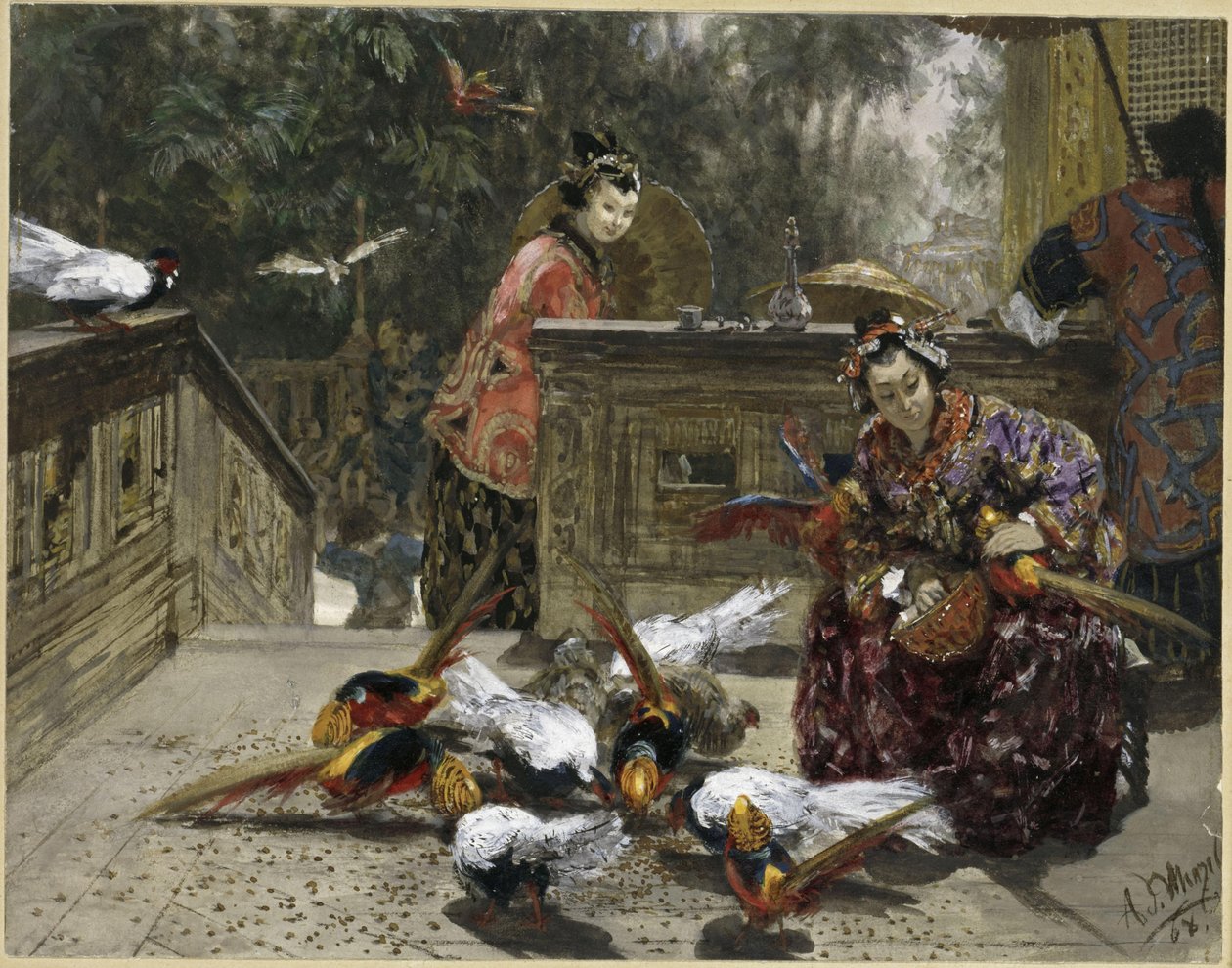 Kinesiska kvinnor med fasaner. Ur "Barnalbumet" av Adolph Menzel