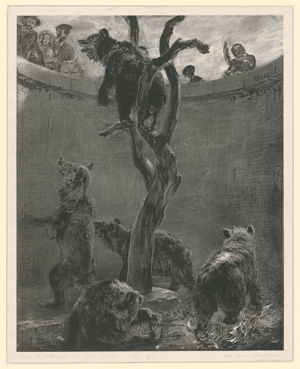 Björnburarna i Zoologiska trädgården. Blad 6 ur: Experiment med pensel och skrapjärn, häfte 1 av Adolph Menzel