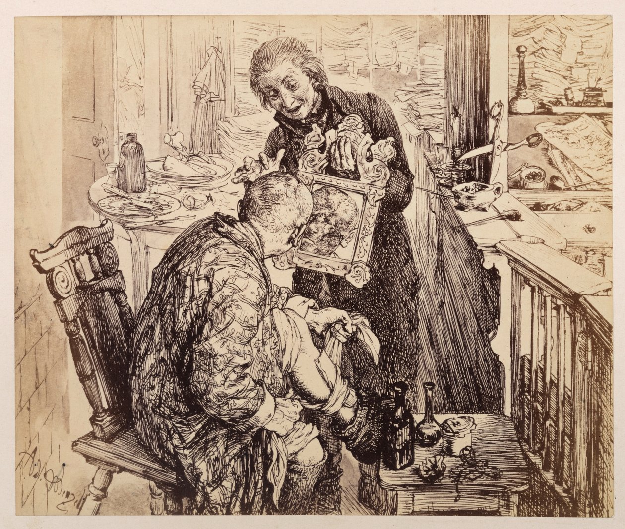 Skrivaren Licht hittar bydomaren Adam när denne förband sitt ben. Adam betraktar sitt sargade ansikte i spegeln som Licht håller upp framför honom, enligt Heinrich von Kleists ”Den trasiga kannan” av Adolph Menzel