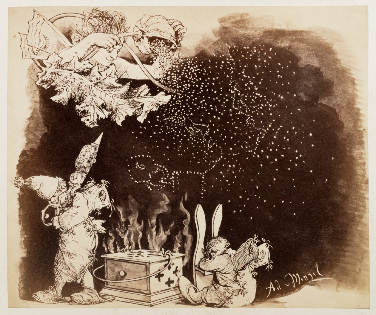 Drömguden strör ut vallmofrön, till Heinrich von Kleists ”Den trasiga kannan” av Adolph Menzel
