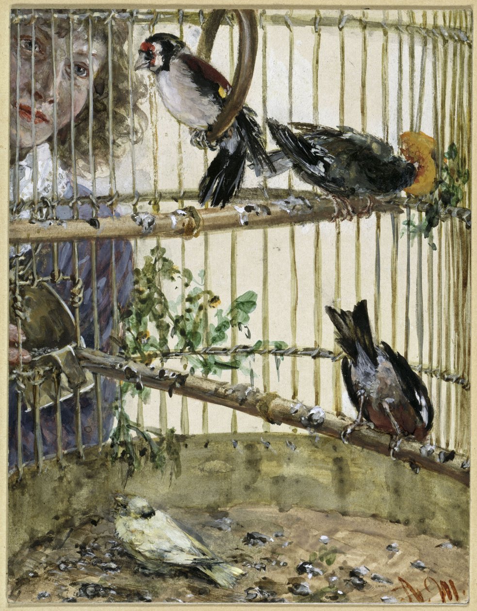 Tistelfinkarna och kanariefågeln i bondens hus. Ur ”Barnalbumet” av Adolph Menzel