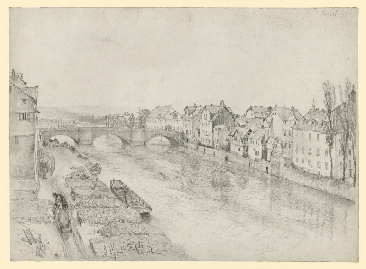 Fulda i Kassel. Flodlandskap med bro och hus av Adolph Menzel