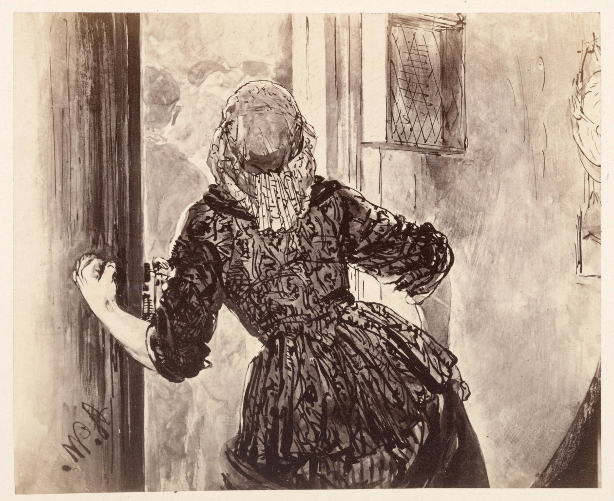 Tjänsteflickan kommer när Adam ringer i klockan; sedd bakifrån, dörren, med höger hand på dörrhandtaget, efter Heinrich von Kleist, ”Den trasiga kannan” av Adolph Menzel