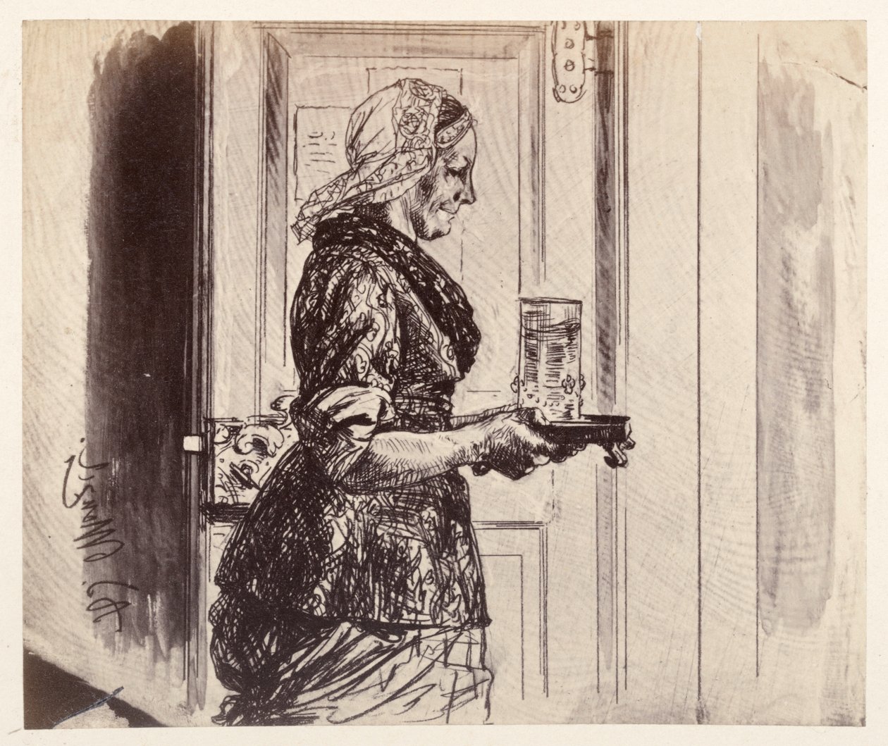 Tjänsteflickan kommer in i rättssalen med det glas vatten som Adam beställt, ur Heinrich von Kleists ”Den trasiga kannan” av Adolph Menzel