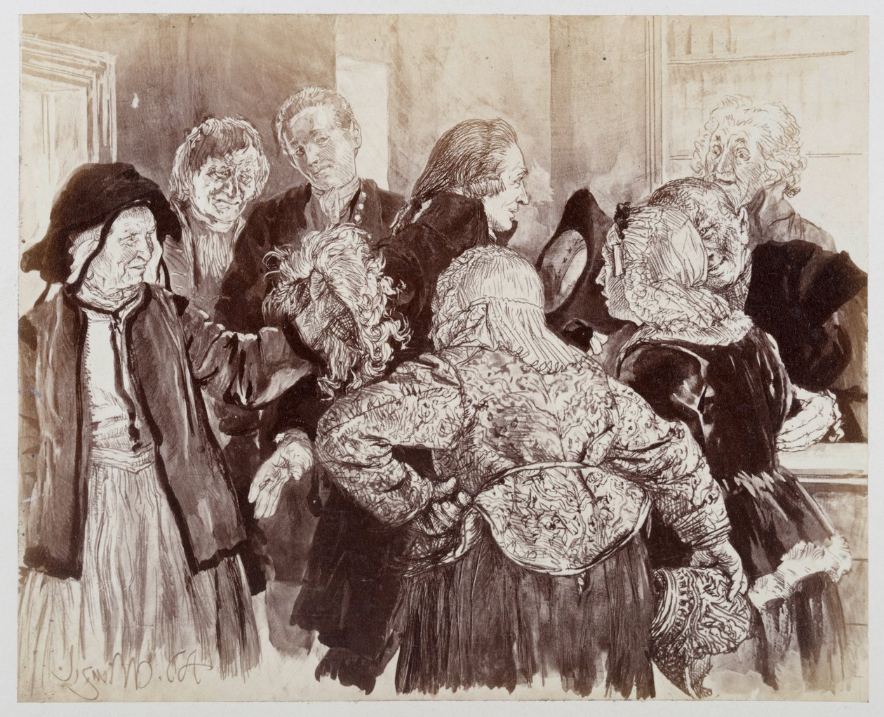Gamla Brigitte med peruken i rättssalen. Licht tränger sig, med hatten i handen, genom parterna för att presentera den gamla kvinnan för justitierådet, till Heinrich von Kleists "Den sönderslagna krukan" av Adolph Menzel