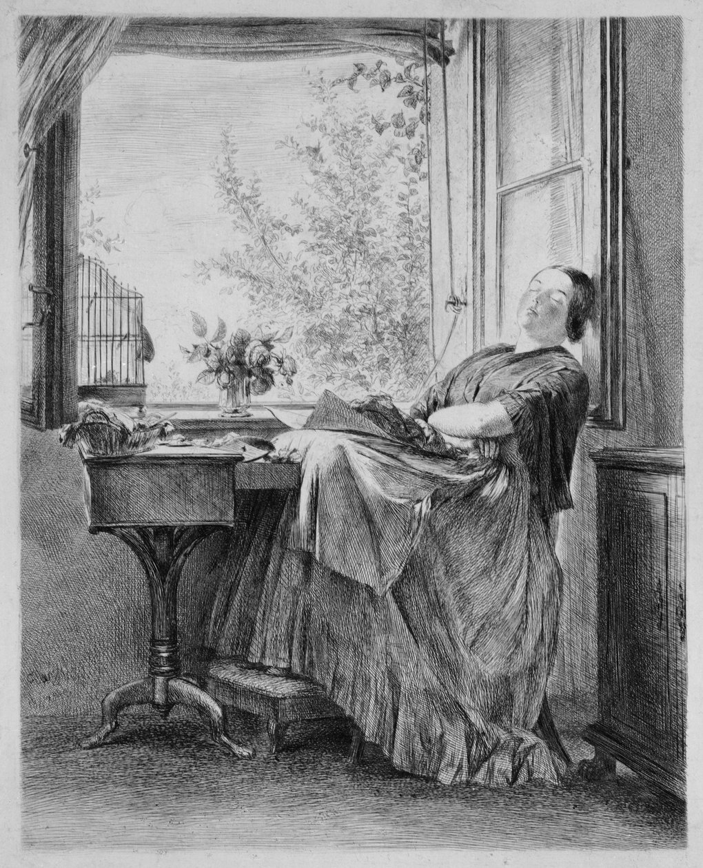 Den sovande sömmerskan vid fönstret (Menzels syster Emilie) av Adolph Menzel
