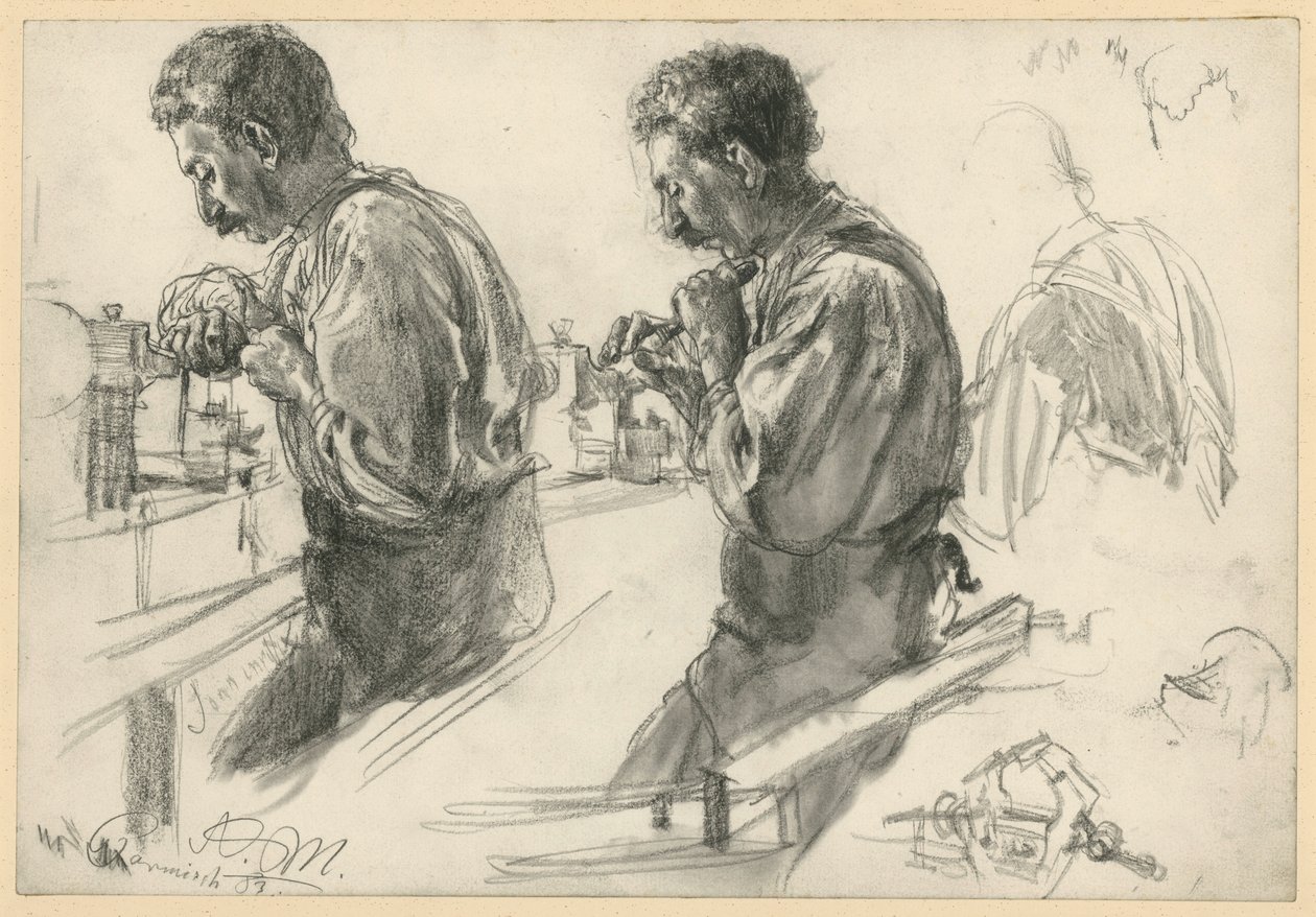 En träsnidare vid arbetsbänken, två studier och detaljer av Adolph Menzel