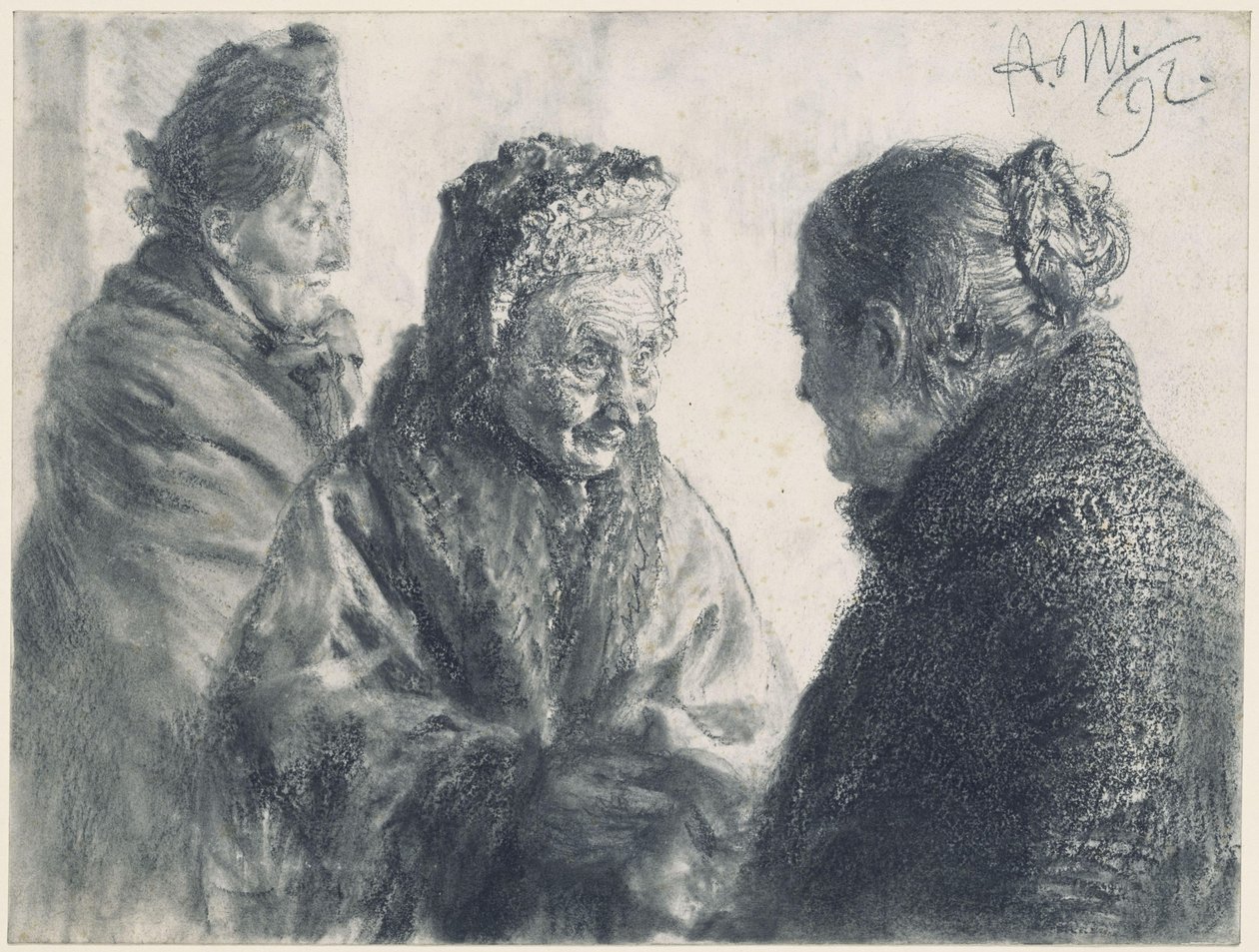 Tre kvinnor, insvepta i tygstycken av Adolph Menzel
