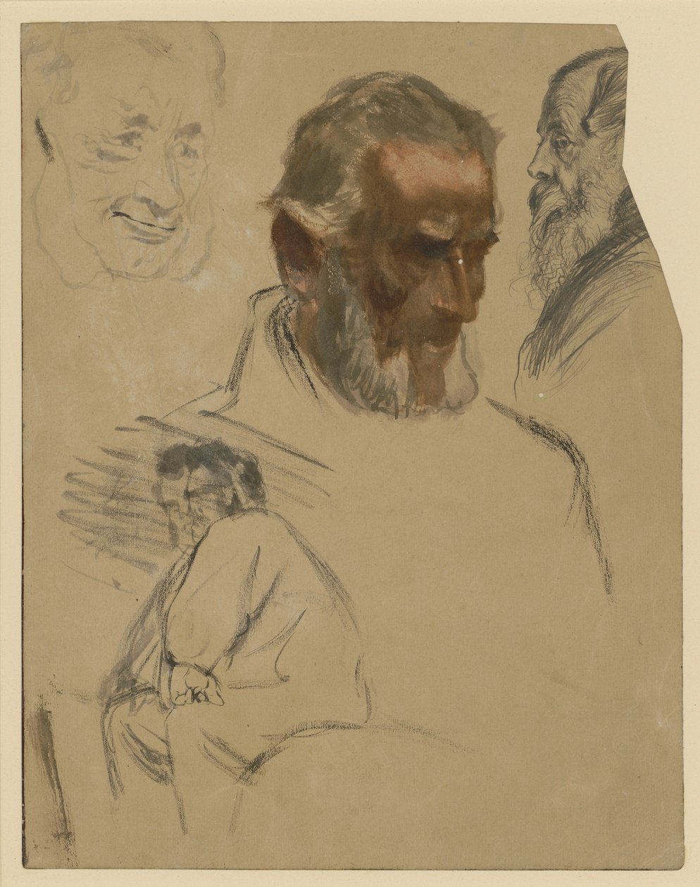 Tre studier av skäggiga huvuden och knästycke av en sittande man åt vänster av Adolph Menzel
