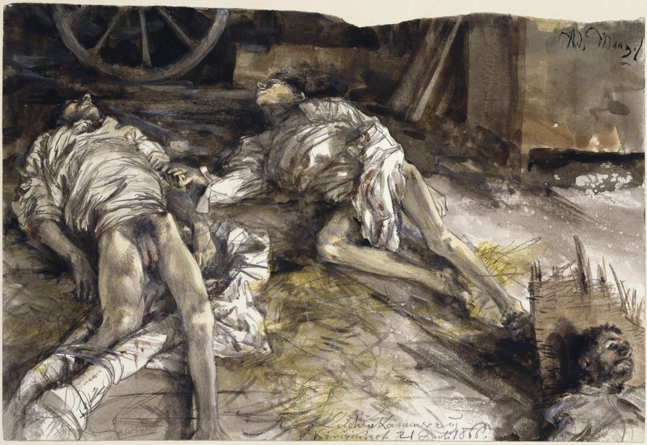 Tre fallna soldater i en lada - likkammare i Königinhof av Adolph Menzel