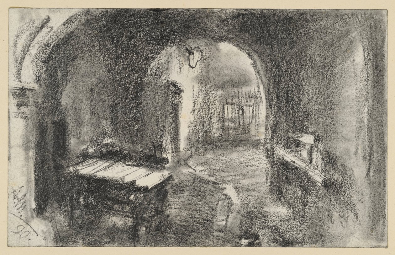 En mörk, välvd passage, med en handvagn längst fram av Adolph Menzel