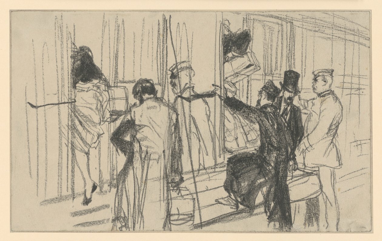 Påstigande tågresenärer och konduktör. Scen på perrongen av Adolph Menzel