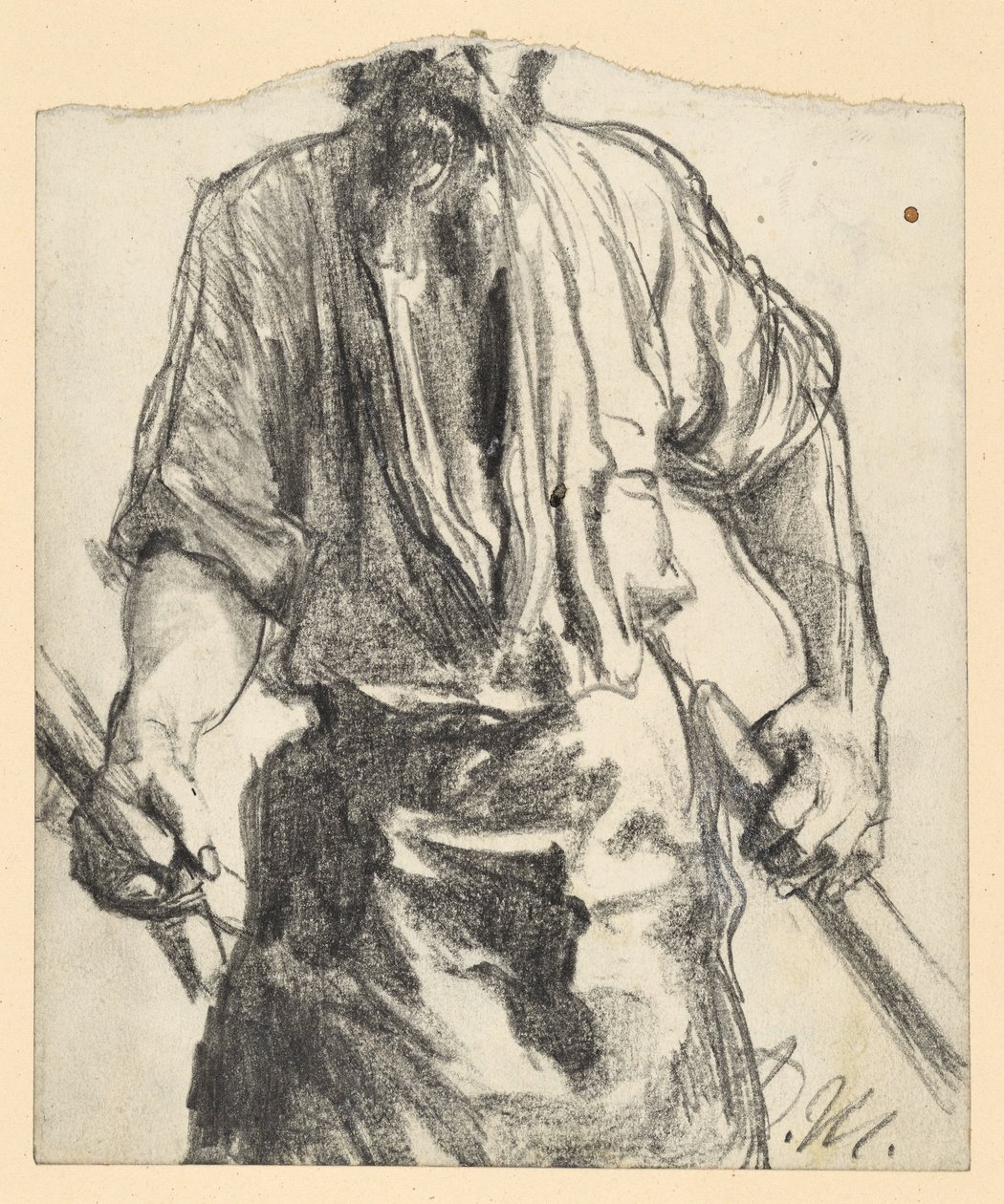 Järnarbetare med skinnförkläde och träbitar i händerna. Studie till ”Järnvalsverket. Moderna cykloper” av Adolph Menzel