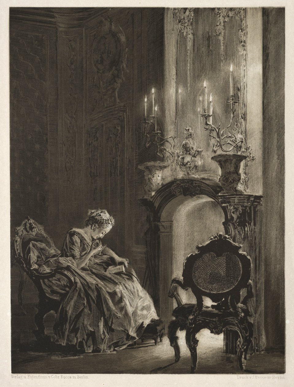 Essä om sten med borste och skrapa: Kvinna som läser vid elden, 1851. av Adolph Menzel