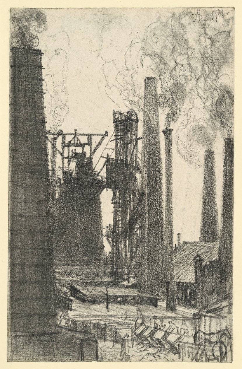Fabrikstorg med rykande skorstenar (Königshütte?) av Adolph Menzel