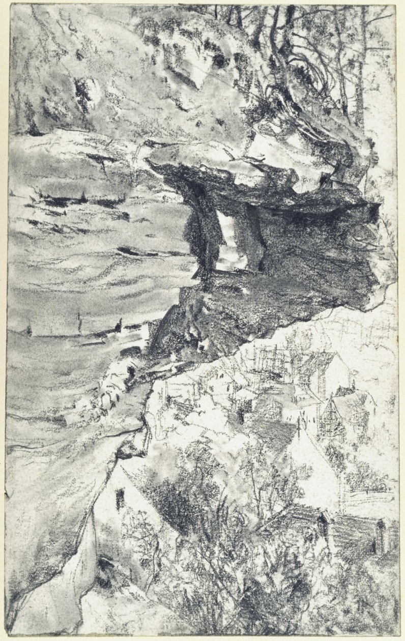 Klipputsprång med by i bakgrunden (Sachsiska Schweiz) av Adolph Menzel
