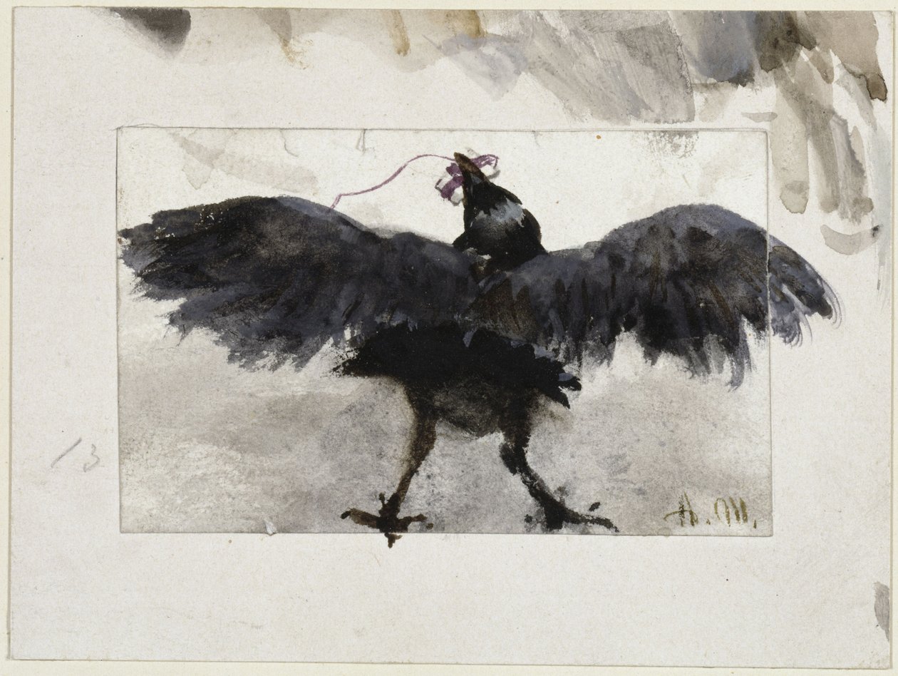 En flaxande korp med ett paket i näbben av Adolph Menzel