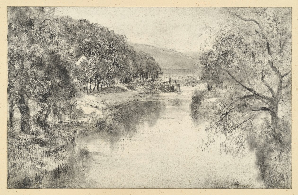 Flodlandskap med allé av Adolph Menzel