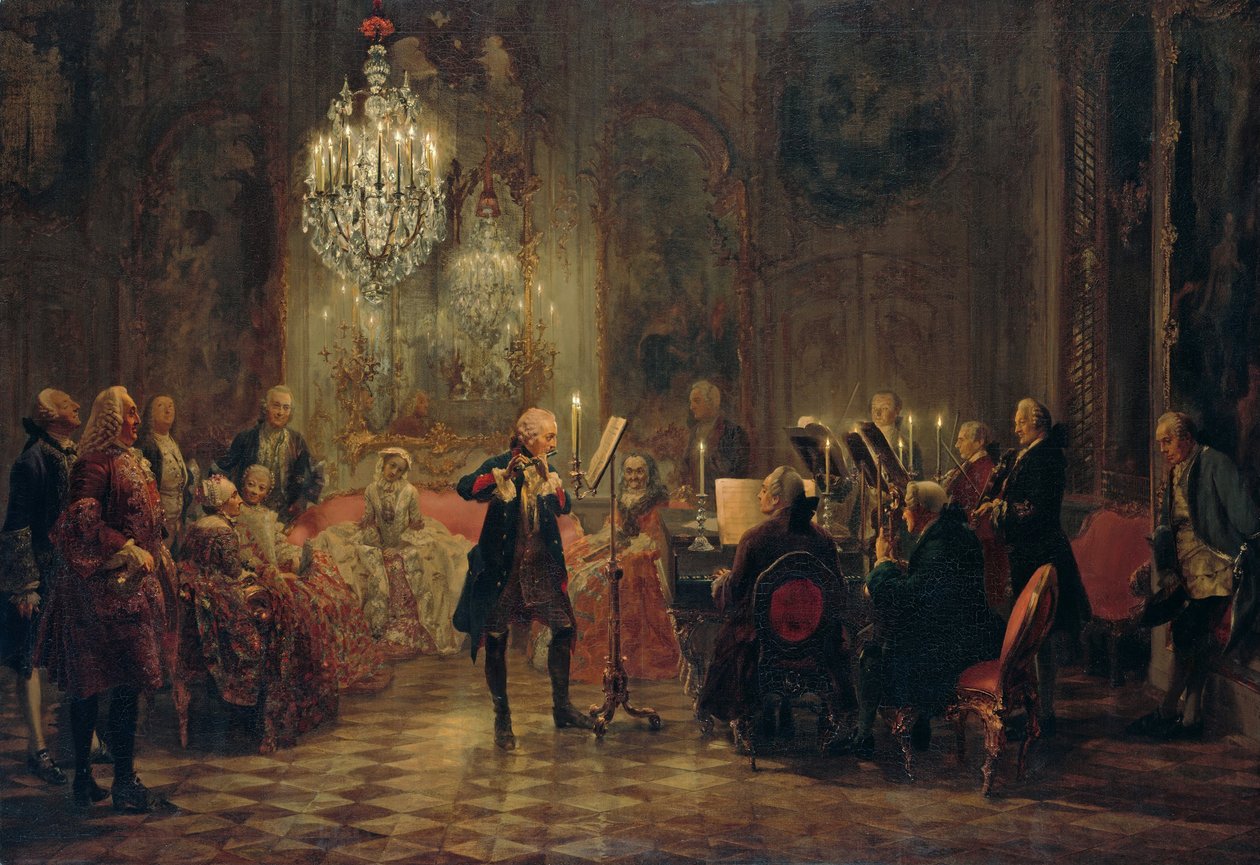 Flöjtkonsert med Fredrik den store i Sanssouci, 1850-1852 av Adolph Menzel