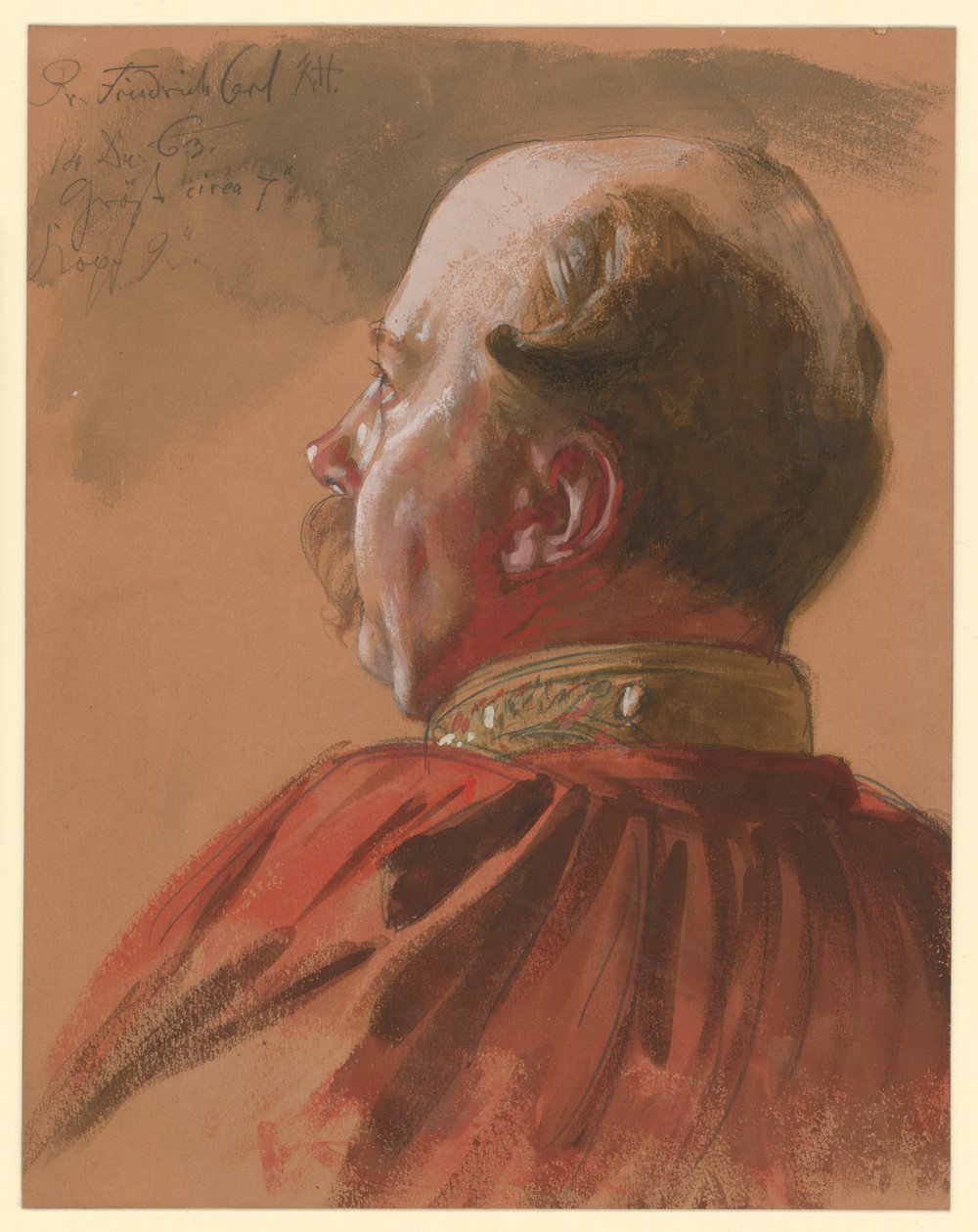 Prins Fredrik Karl av Preussen, delvis beskuren profil åt vänster, porträttstudie till ”Wilhelm I:s kröning i Königsberg” av Adolph Menzel