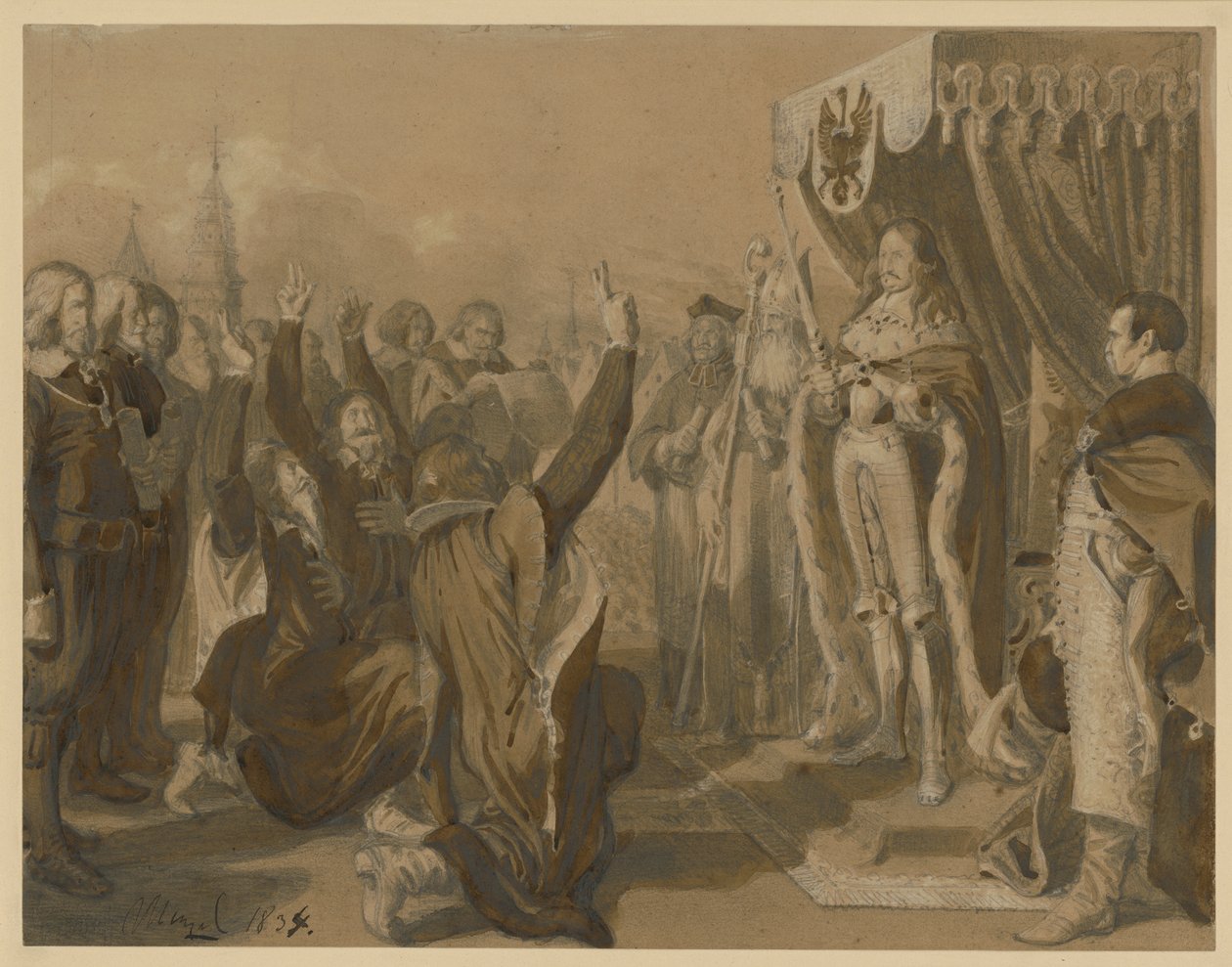 Friedrich Wilhelm, kurfurste av Brandenburg, tar emot de preussiska ståndens trohetsed i Königsberg den 18 oktober 1663. Utkast till ”Minnen ur den brandenburgsk-preussiska historien” av Adolph Menzel
