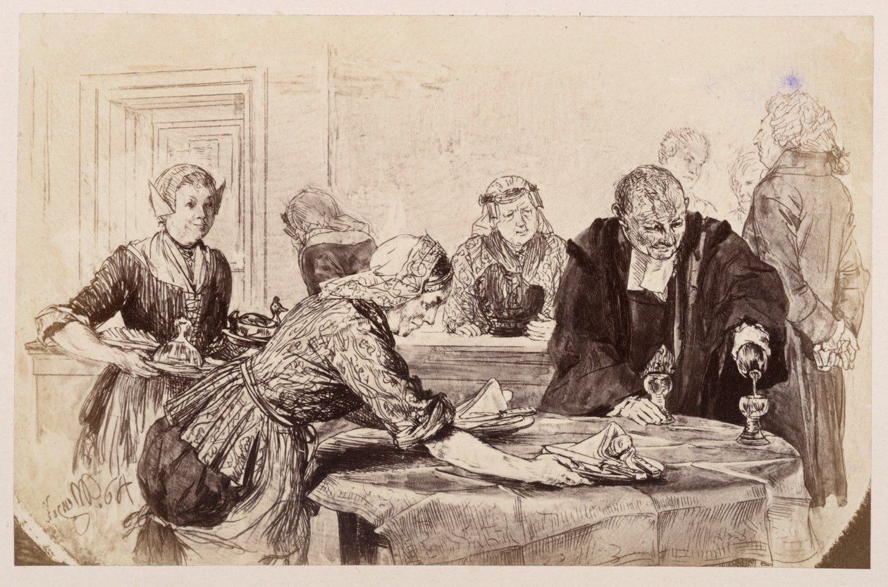 Frukostpaus. Tjänsteflickorna dukar bordet, Adam häller upp. Till vänster går rättsrådet otåligt fram och tillbaka, enligt Heinrich von Kleists ”Den trasiga kannan” av Adolph Menzel