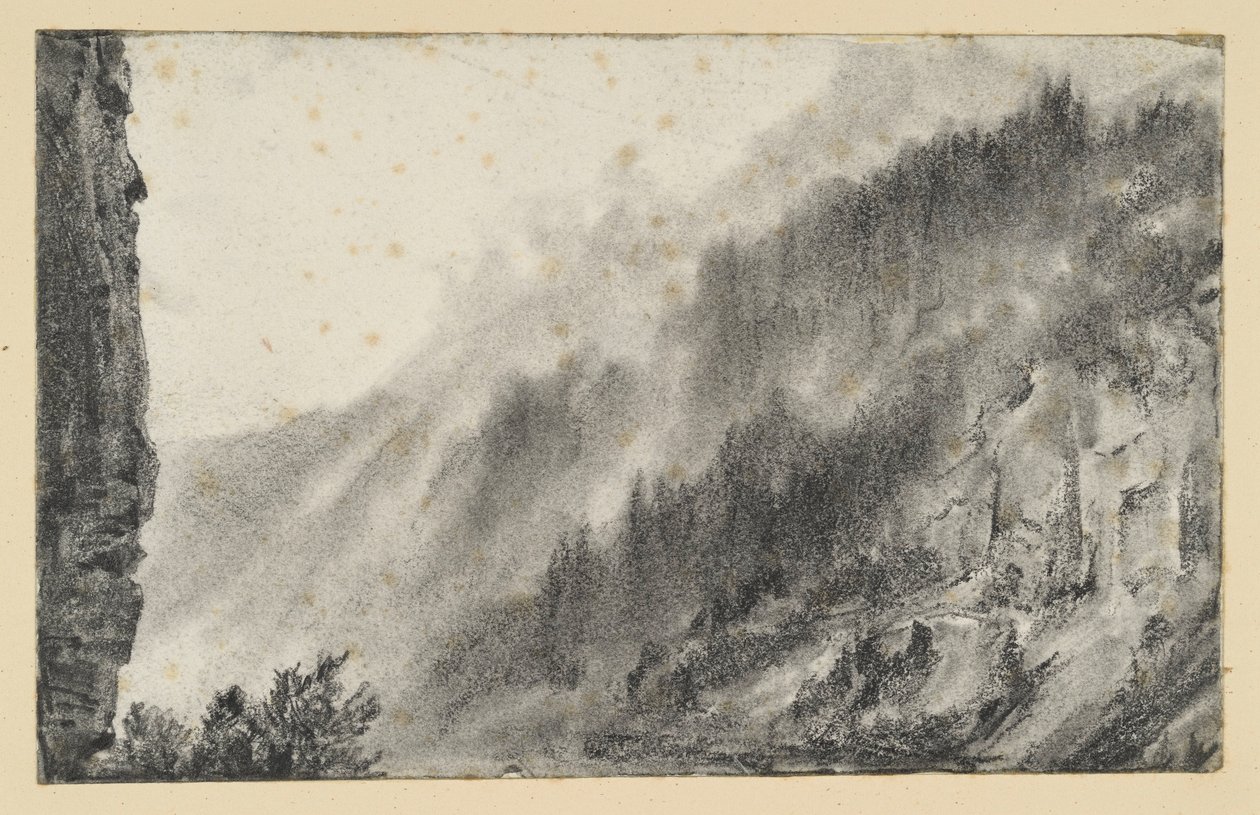 Bergslandskap med virvlande dimma, en hög klippvägg till vänster av Adolph Menzel