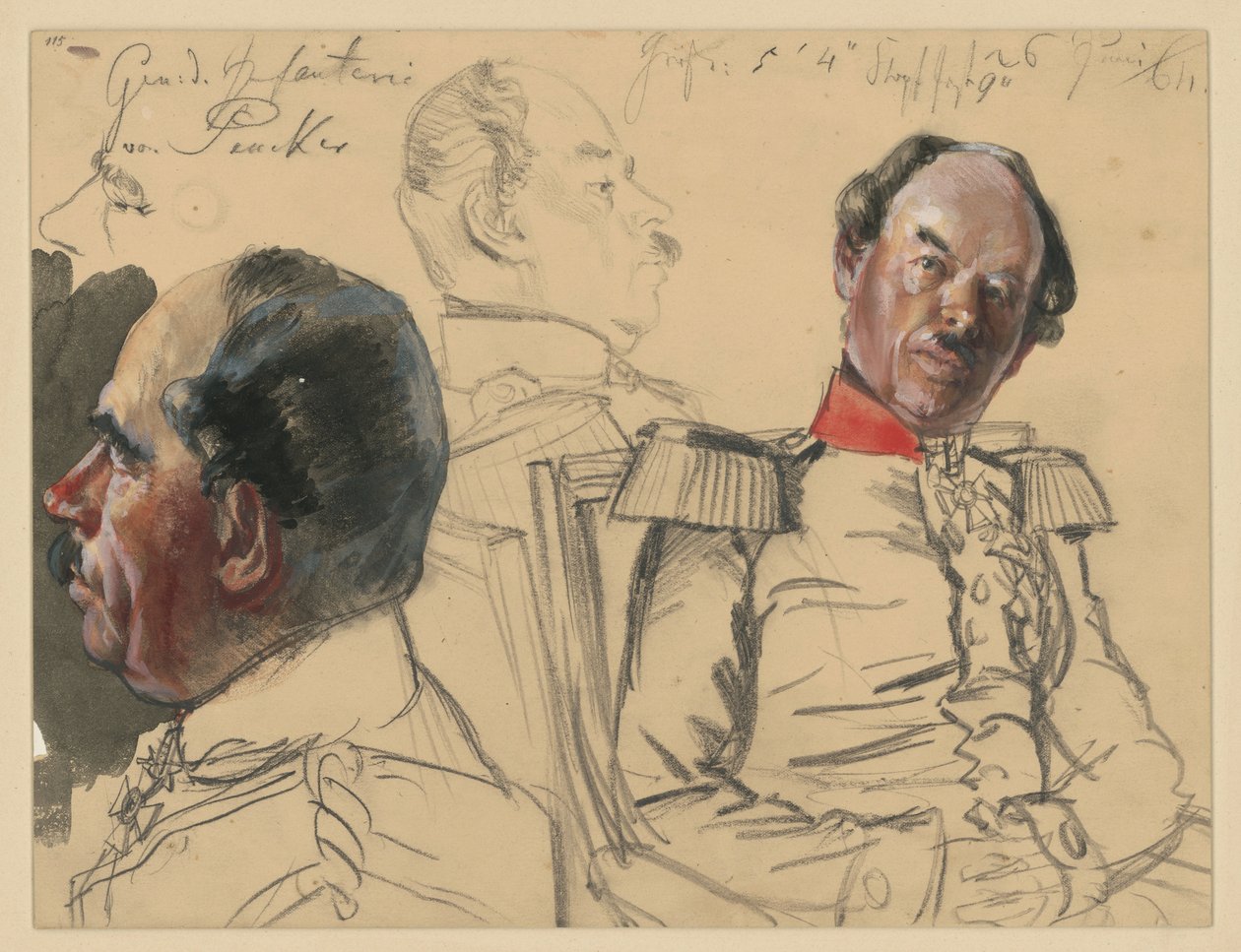 Infanterigeneral Eduard von Peucker, 1. Huvudstudie, profil åt vänster, 2. Bröstbild något åt höger, blick åt vänster, däremellan huvudstudie, profil åt höger, studier till Porzrätts verket ”Wilhelm I:s kröning i Königsberg” av Adolph Menzel