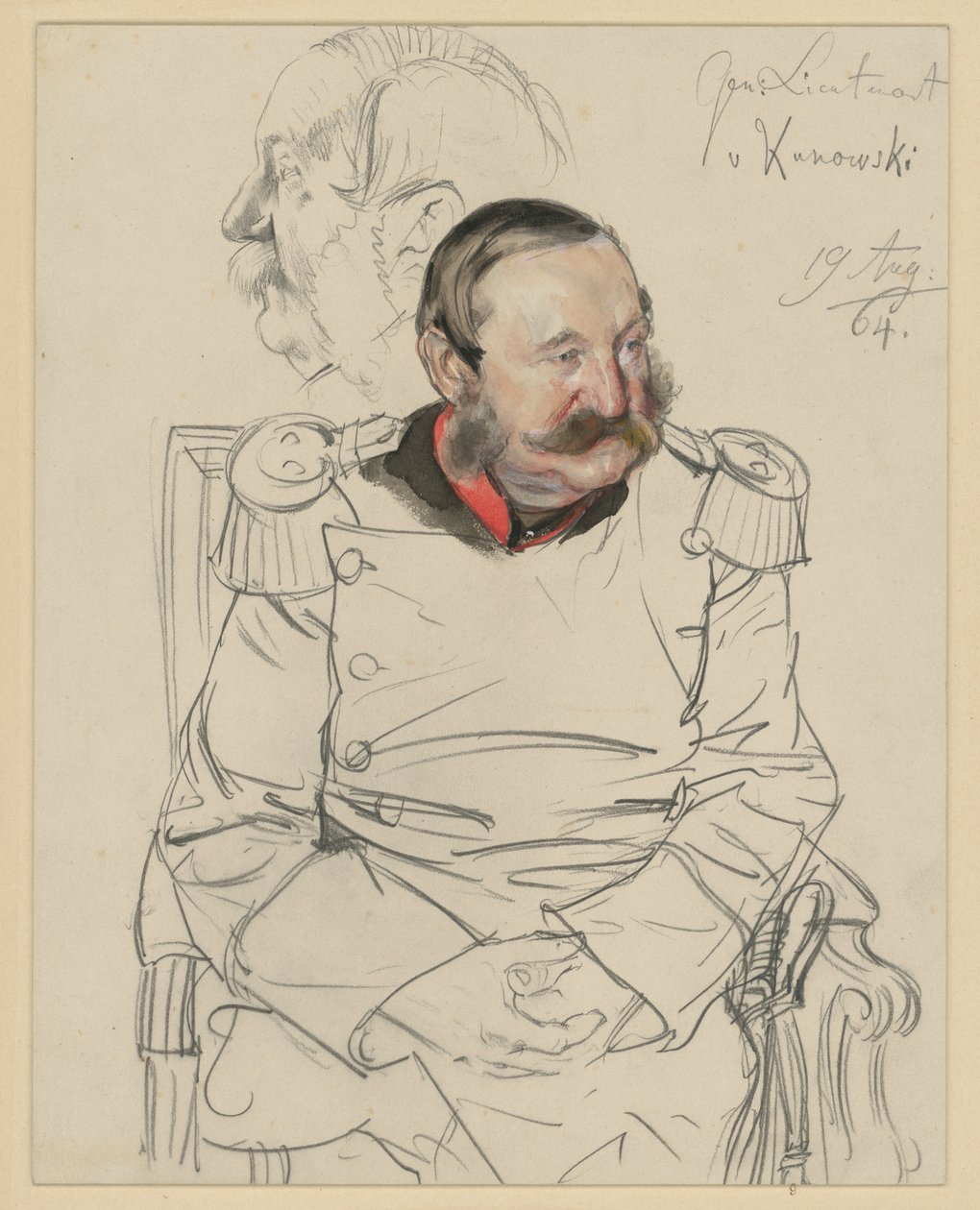 Generallöjtnant von Kumowski, knäbild, sittande framifrån, huvudet lutat framåt åt vänster, vänster: huvudstudie i profil åt vänster, porträttstudie till ”Wilhelm I:s kröning i Königsberg” av Adolph Menzel