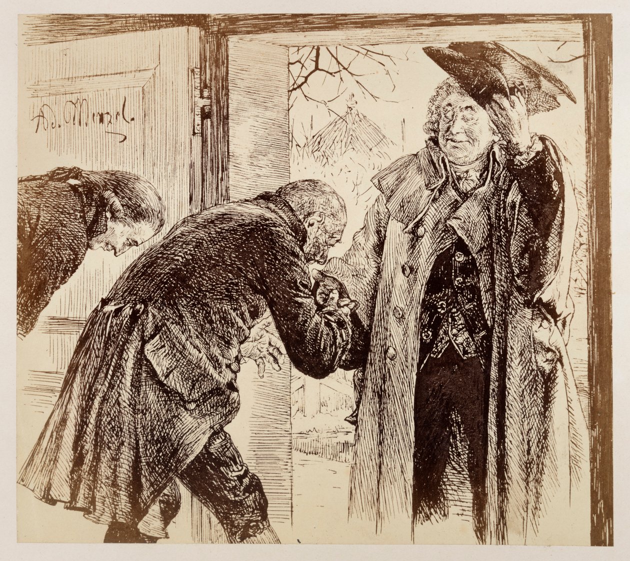 Domaren Walter träder in genom dörren från höger, medan han vänligt lyfter på hatten, och hälsas underdånigt av Adam och Licht, till Heinrich von Kleists ”Den trasiga kannan” av Adolph Menzel