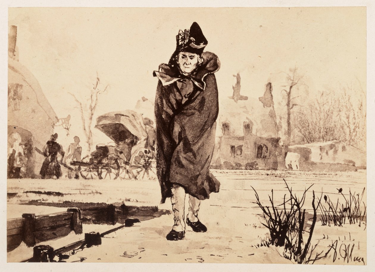 Justitierådet Walther kommer fram, insvept i sin mantel. Bakom honom står hans avspända resvagn, till Heinrich von Kleists ”Den sönderslagna krukan” av Adolph Menzel