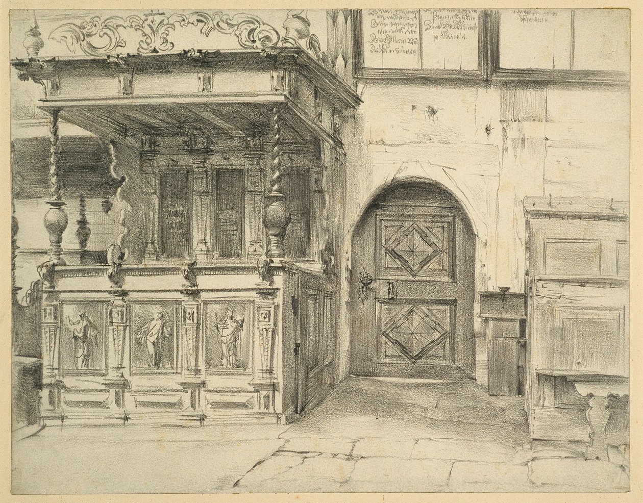 Bänkar och dörr i Friedenskirche i Jauer av Adolph Menzel
