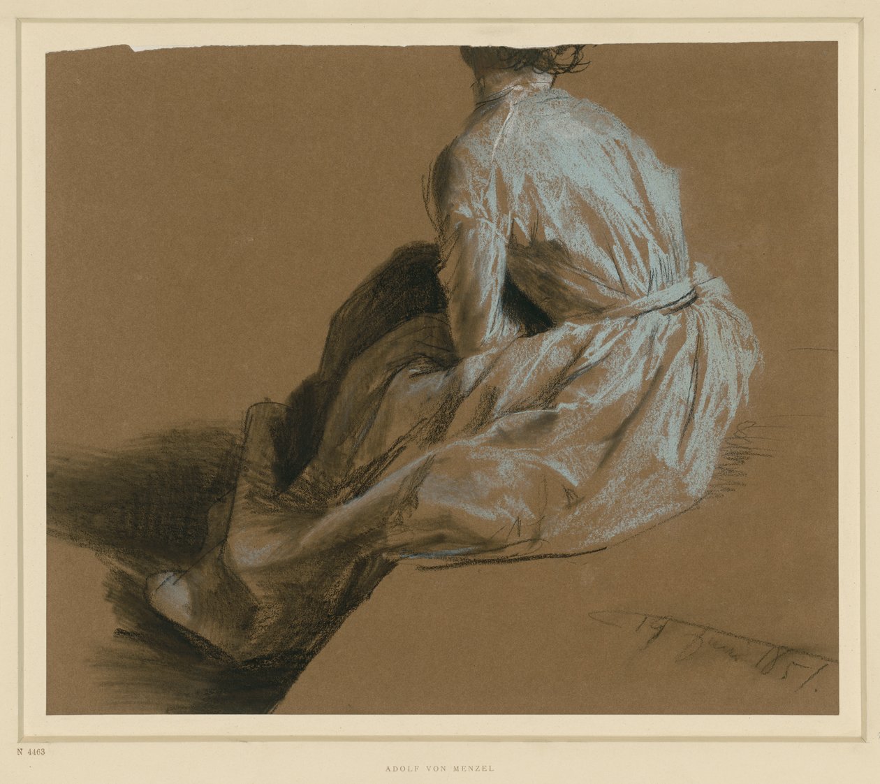 Klädestudie av en sittande dam sett bakifrån av Adolph Menzel