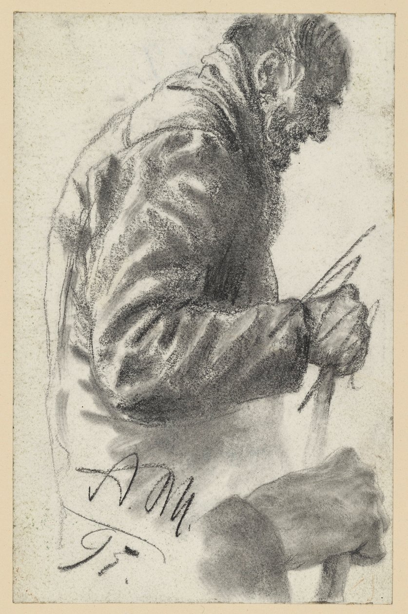 Halvfigur av en gammal man med käpp, vars högra hand är förkastad och upprepad nedanför av Adolph Menzel