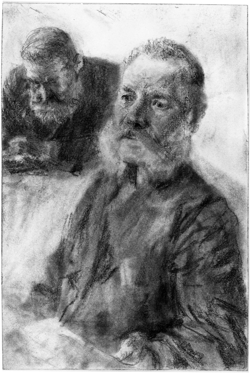 Halvfigur av en skäggig man, i bakgrunden ytterligare ett bröstporträtt av en skäggig man med sänkt blick av Adolph Menzel
