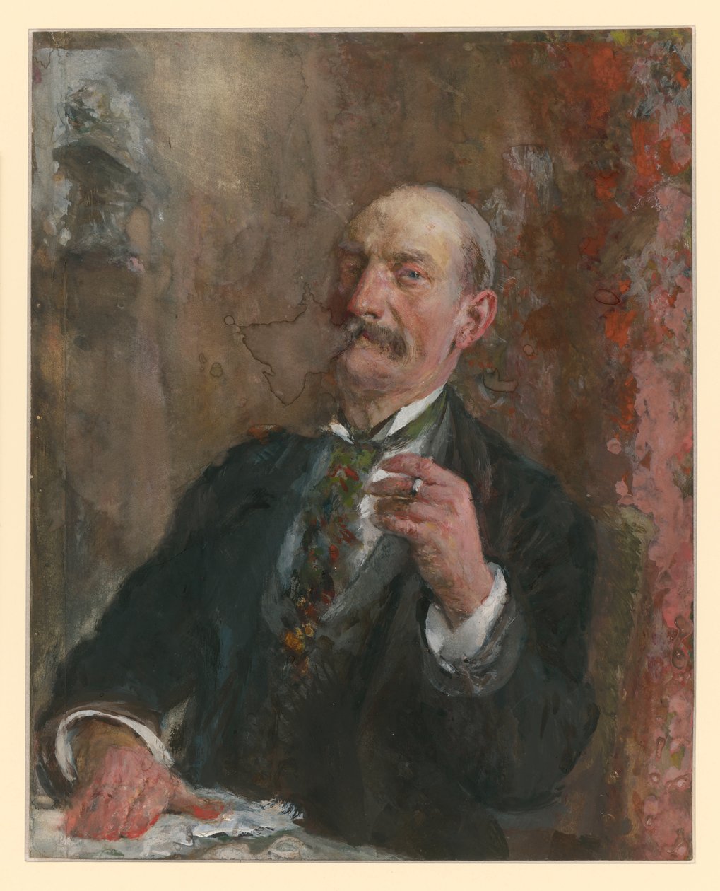Halvfigur av en sittande man, med högra handen lagd på bordsskivan framför sig och en cigarett i vänster hand av Adolph Menzel