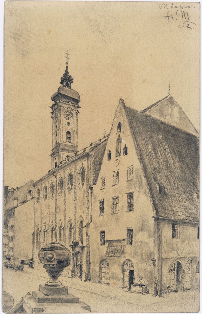 Heiliggeistkyrkan med sjukhusets tidigare kvinnoravdelning på Kaufinger Straße i München av Adolph Menzel