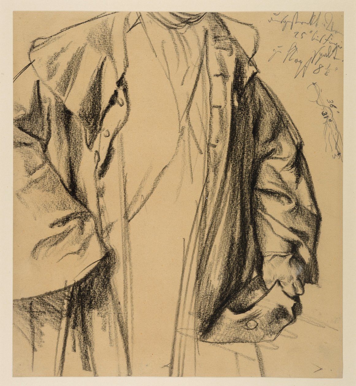 Heinrich von Kleist, Den trasiga kannan: Modellstudie av en officer i rock, huvudet ej avbildat, halvfigur med hatt i vänster hand och käpp i höger av Adolph Menzel