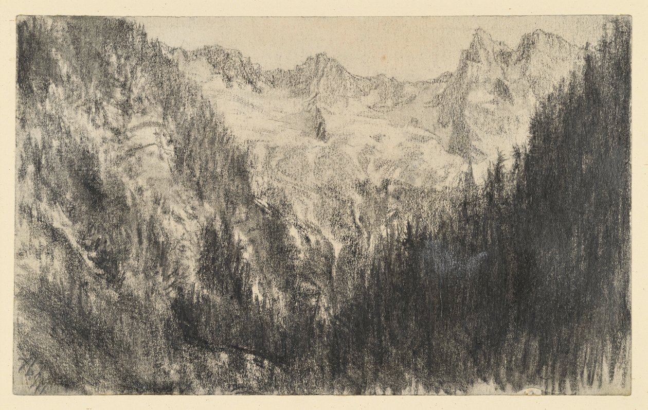 Höga berg med granskog i förgrunden av Adolph Menzel