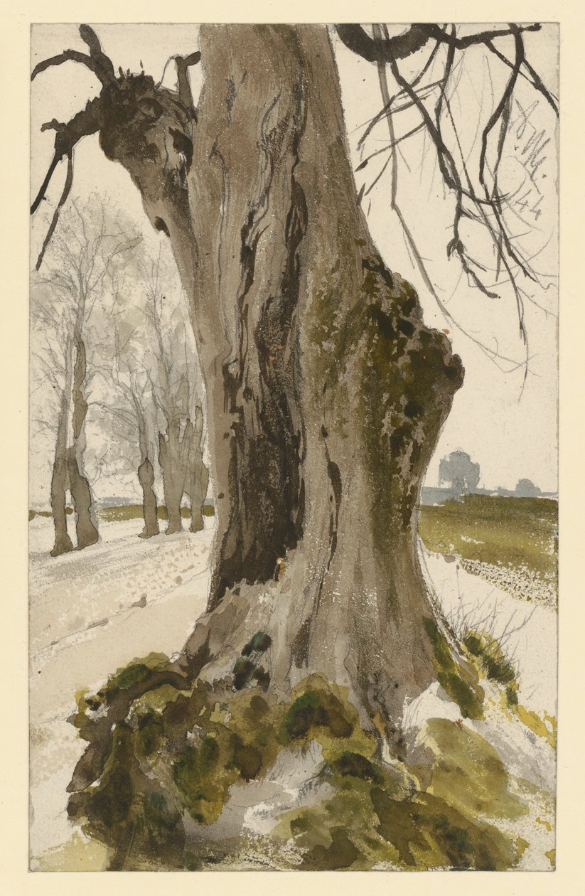 Ihålig trädstam, med en trädgrupp i bakgrunden av Adolph Menzel