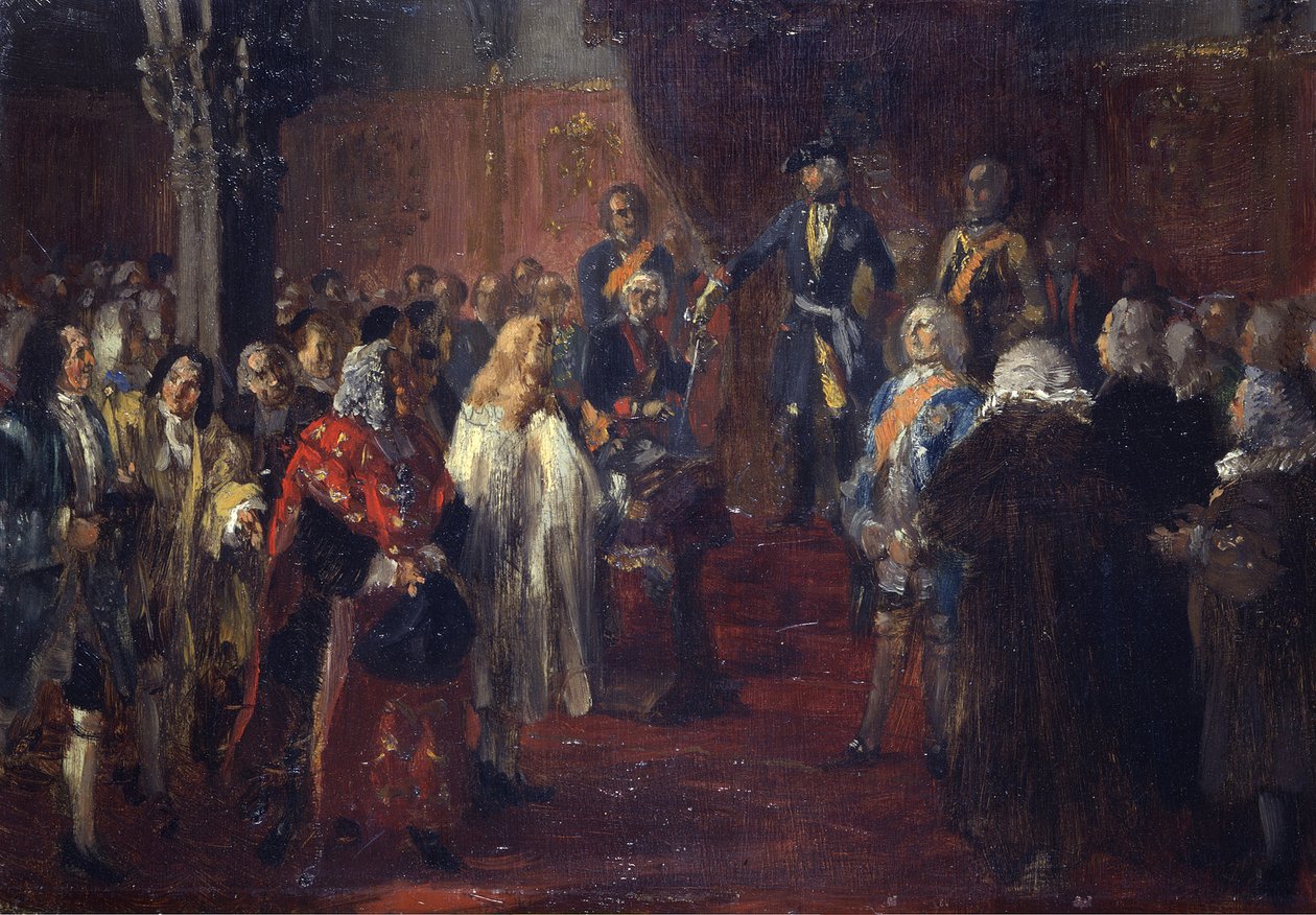 De schlesiska ständernas hyllning till Fredrik II i Breslau 1741. Skiss av Adolph Menzel
