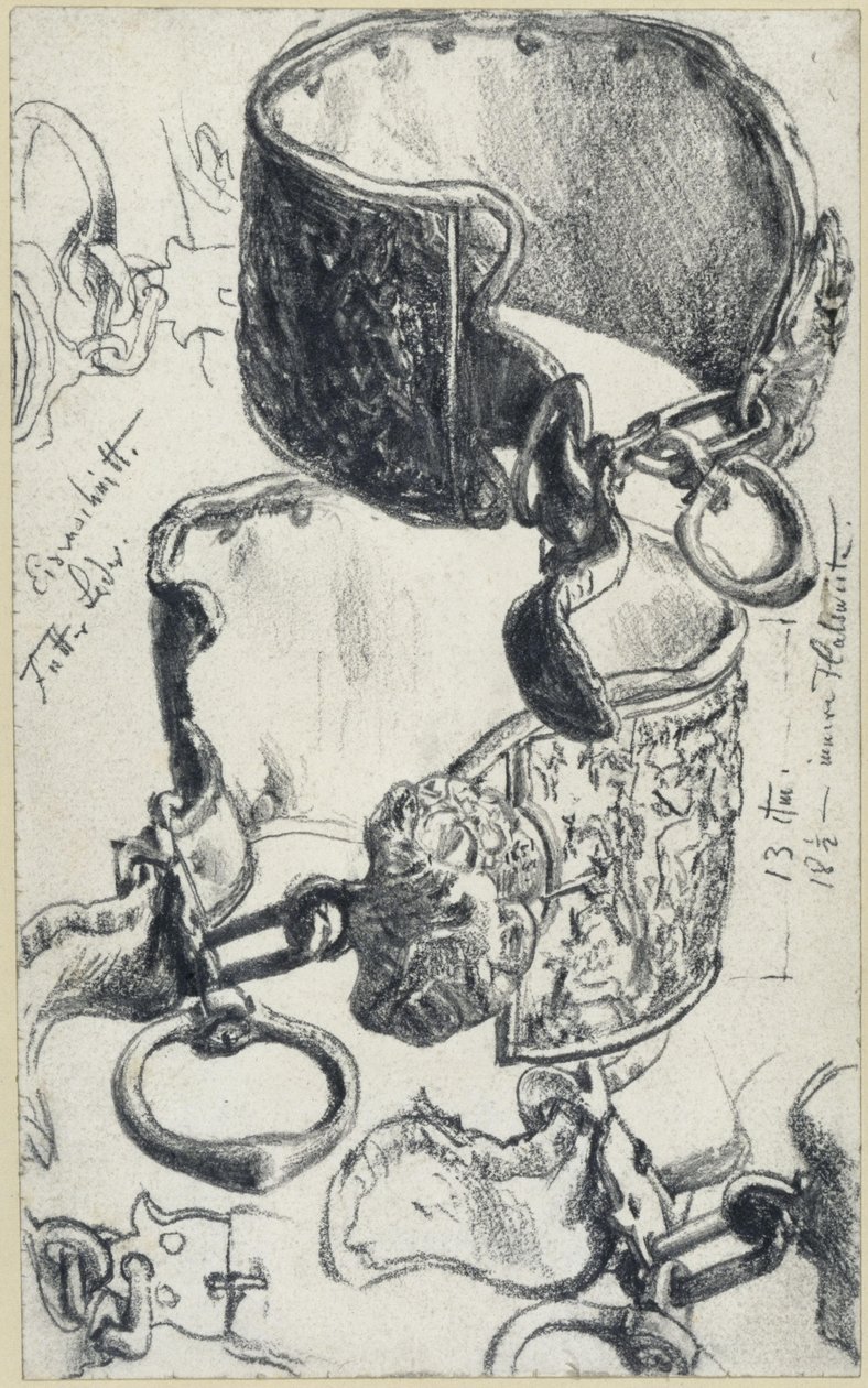 Hundhalsband för en ”Saupacker” från 1600-talet, visat ur två vinklar samt detaljstudier, Historiska museet, Dresden av Adolph Menzel