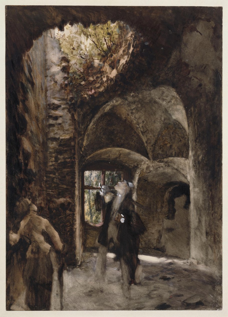 I ruinen står en man och en kvinna på ett trappavsats och blickar upp mot ett stort hål i valvet av Adolph Menzel